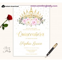 Cream pink roses Quinceanera invitation printable template, (135)